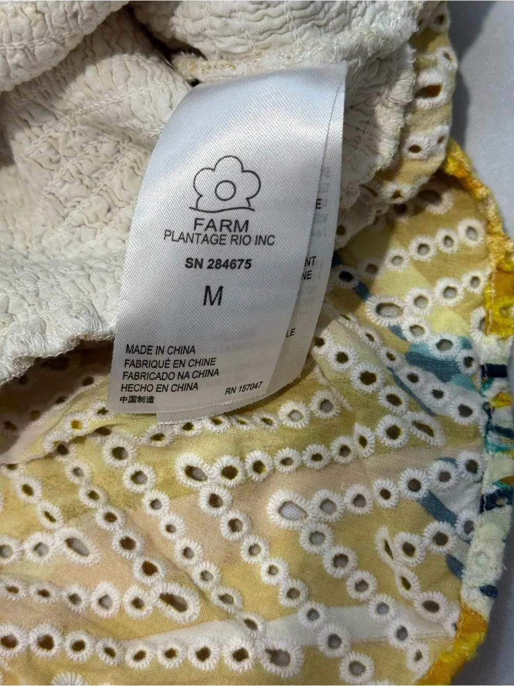 FARM Rio Azalea Yellow Floral Eyelet Smocked Peplum Top M